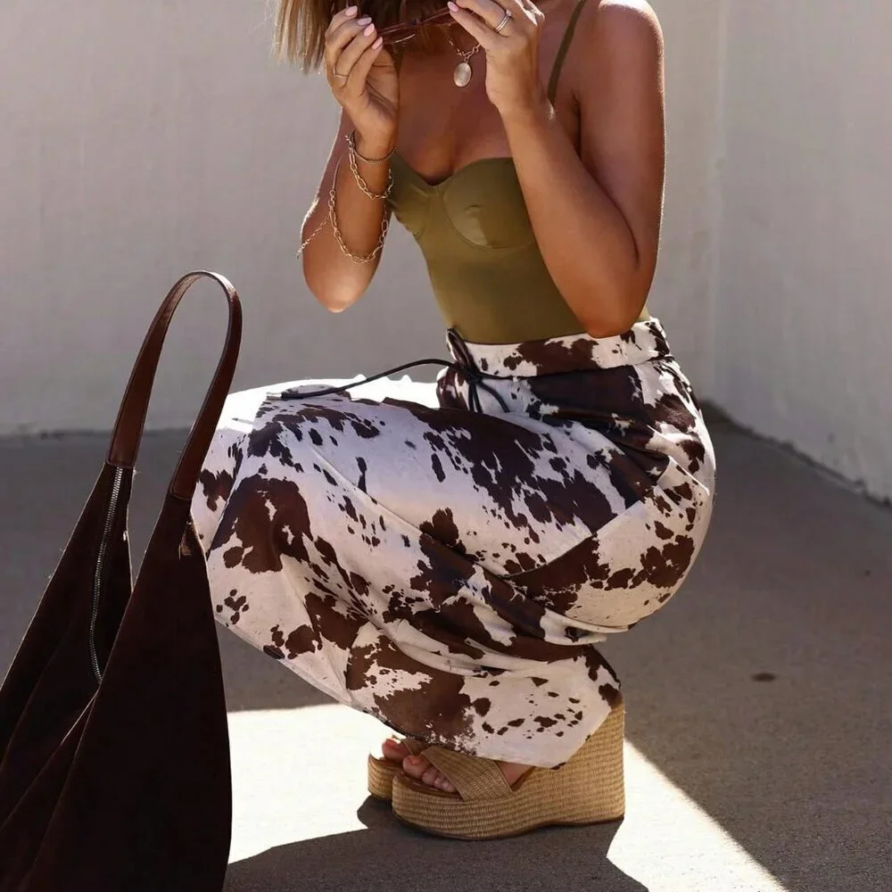Multicolor Casual Women's Elegant Long Midi Satin Skirts with Animal Print
